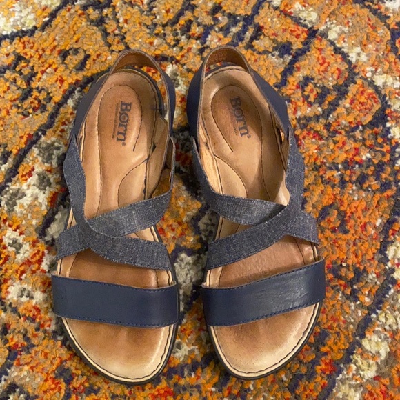 Born blue leather and fabric strapped sandals - Picture 2 of 4